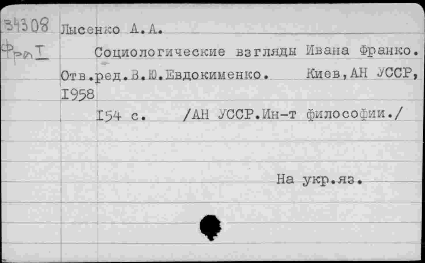 ﻿	Лысенко А.А.	
	Социологические взгляды	Ивана Франко
	Отв.пел.В.К).Евдокименко.	Киев,АН УССР
	1958	
	154 с.	/АН УССР.Ин-т	философии./
		
		
		‘		На-	укр.яз.